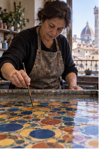 Artigiana al lavoro sulla vasca di colore